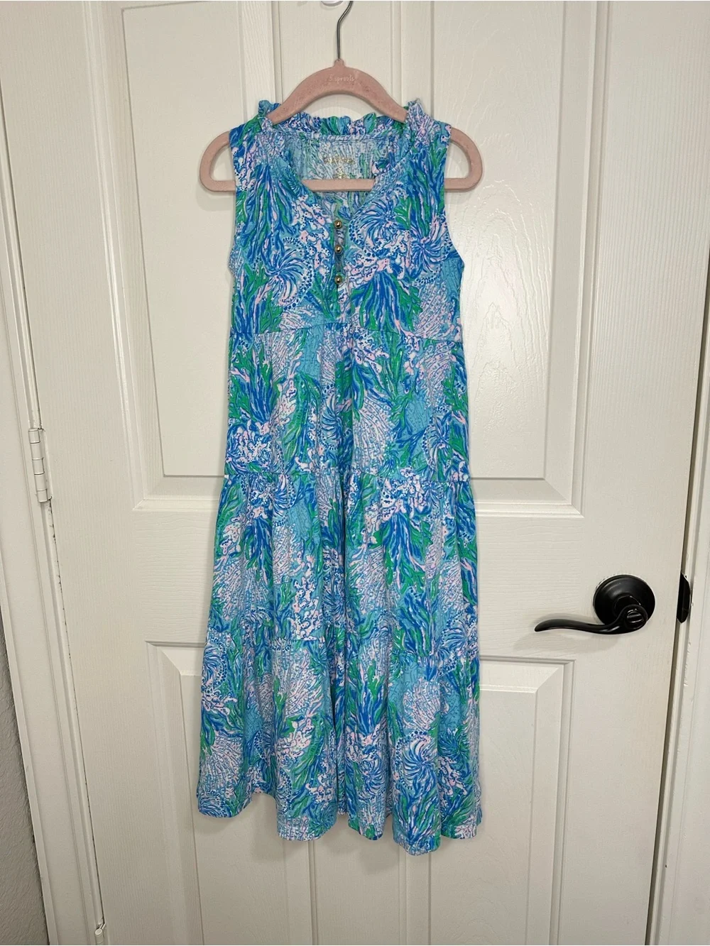Lilly Pulitzer Mini Las Olas Aqua Strong Malone Maxi Dress Sz S 4-5 Coastal Boho